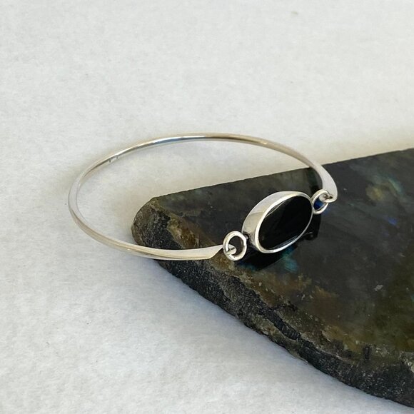 Sterling Silver Oval Black Onyx Geometric Reversible Hinged Bangle Bracelet 6.5" - Picture 6 of 16